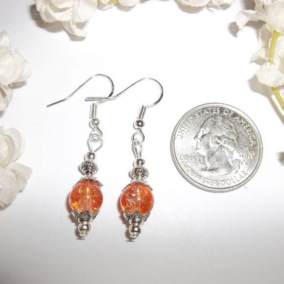 Earring Set Peach Orange Crackled Beaded Dangle Drop Beaded Woman Girl NWT 4598 - Picture 2 of 6